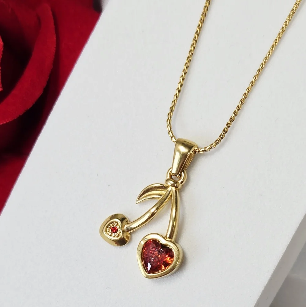 Gold Heart Cherry Pendant Necklace Red Rhinestone Fruit Charm Romantic Y2K Glam
